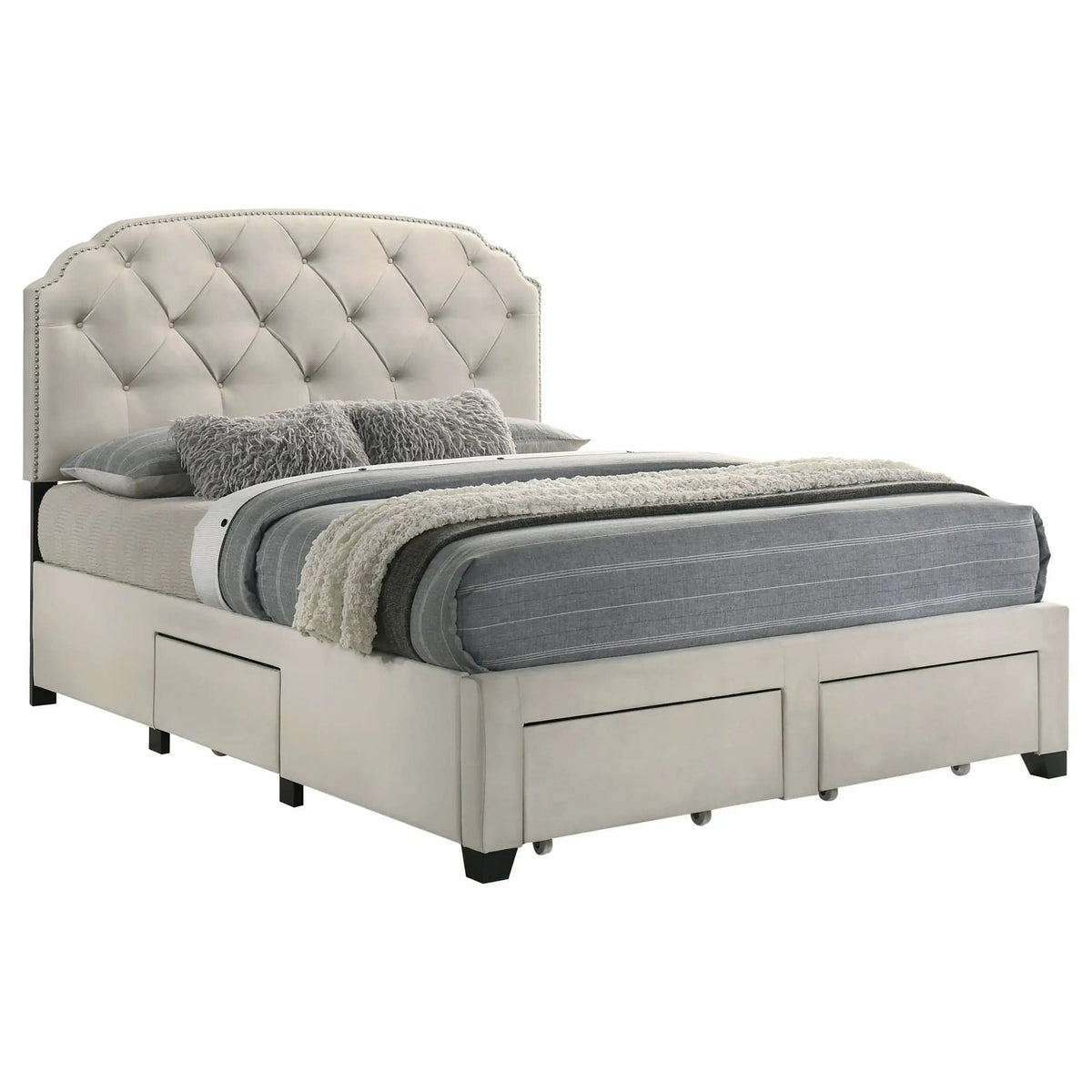 Marianna 4-drawer Upholstered Queen Storage Bed | 64.25 x 88.5 x 52.25 in | Rubberwood & Engineered Wood | Cream