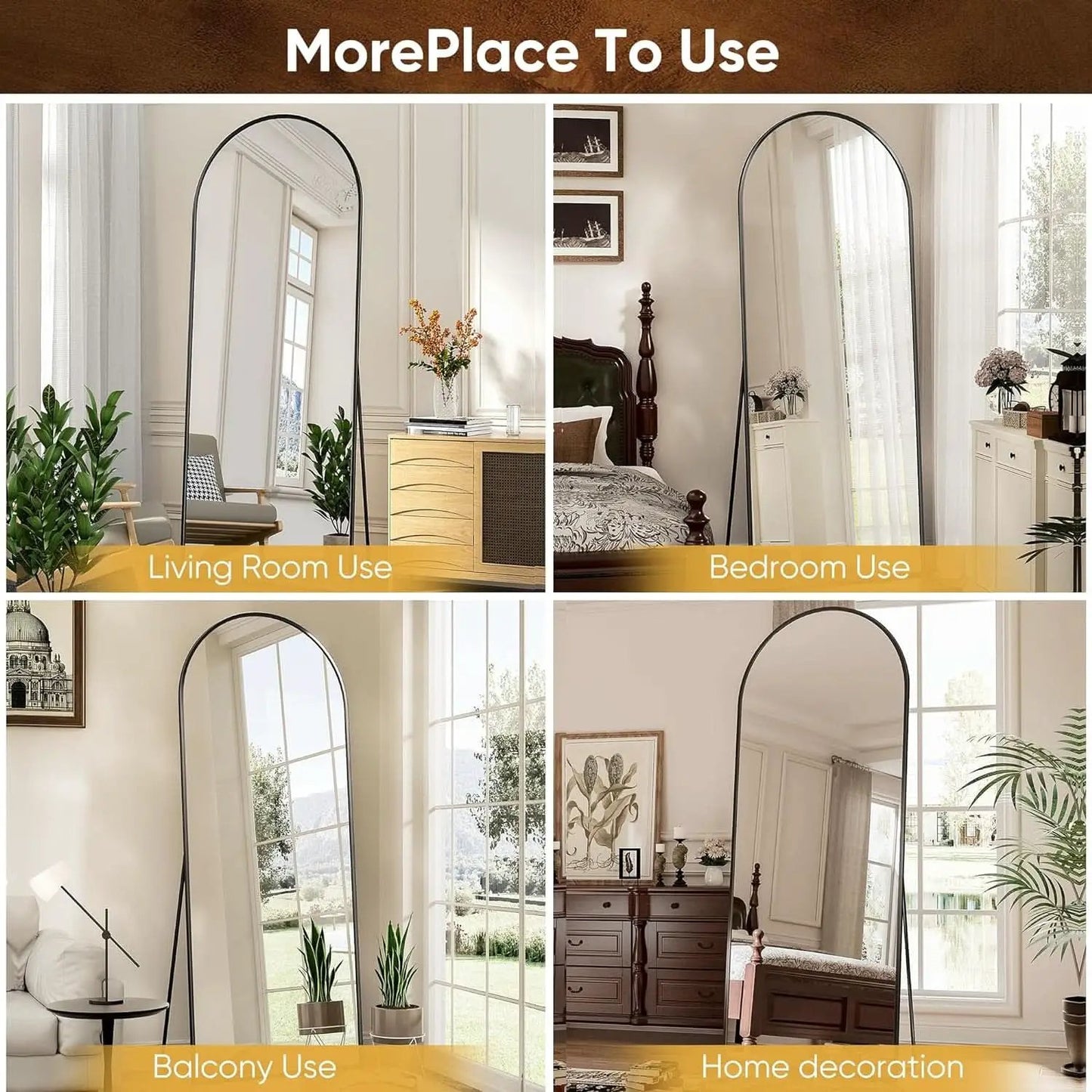 71 Inch Full Length Arched Floor Mirror Black Freestanding from PriceLows™