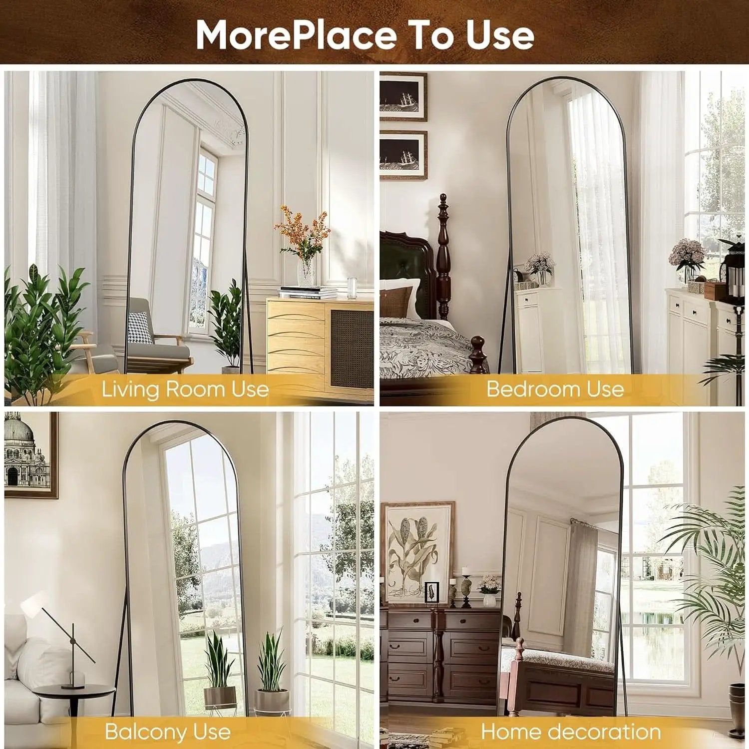71 Inch Full Length Arched Floor Mirror Black Freestanding from PriceLows™