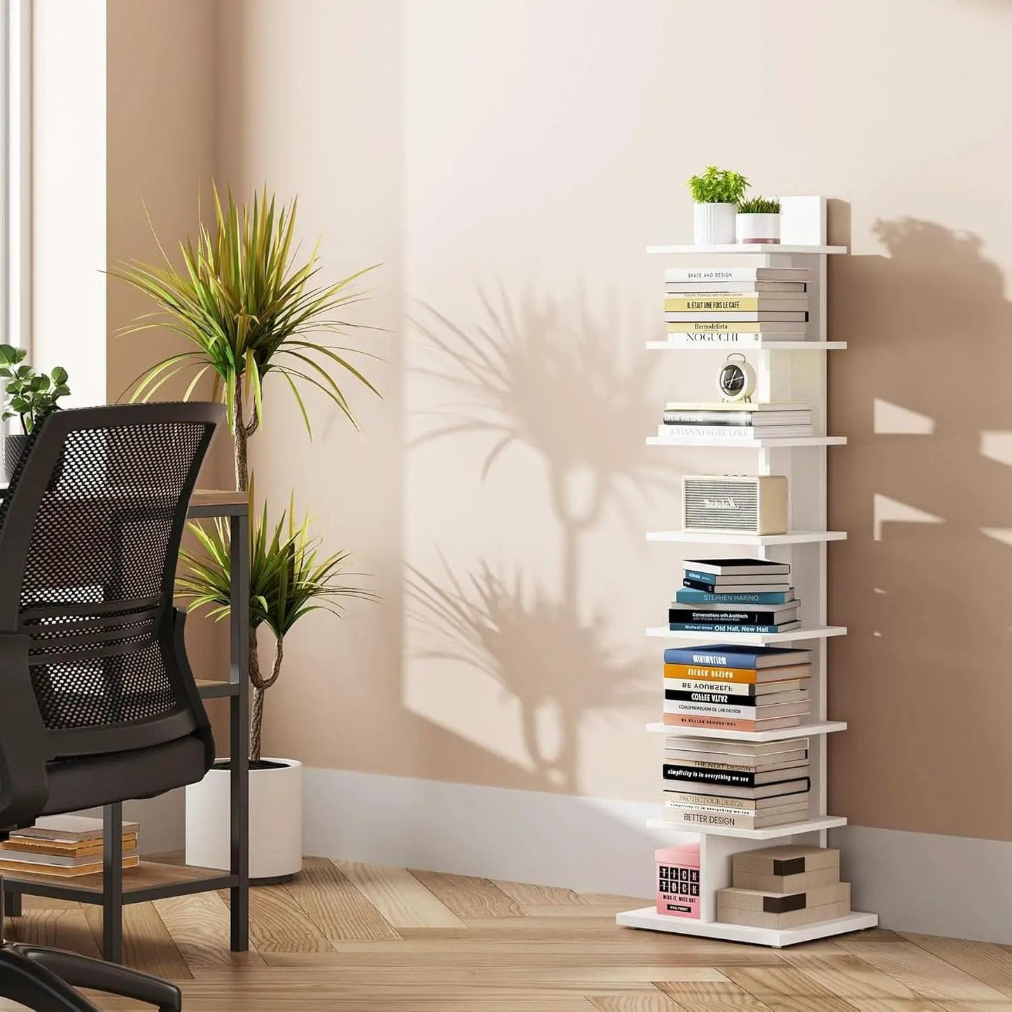 Vertical Bookshelf 8 Tier White Bookcase Living Room from PriceLows™