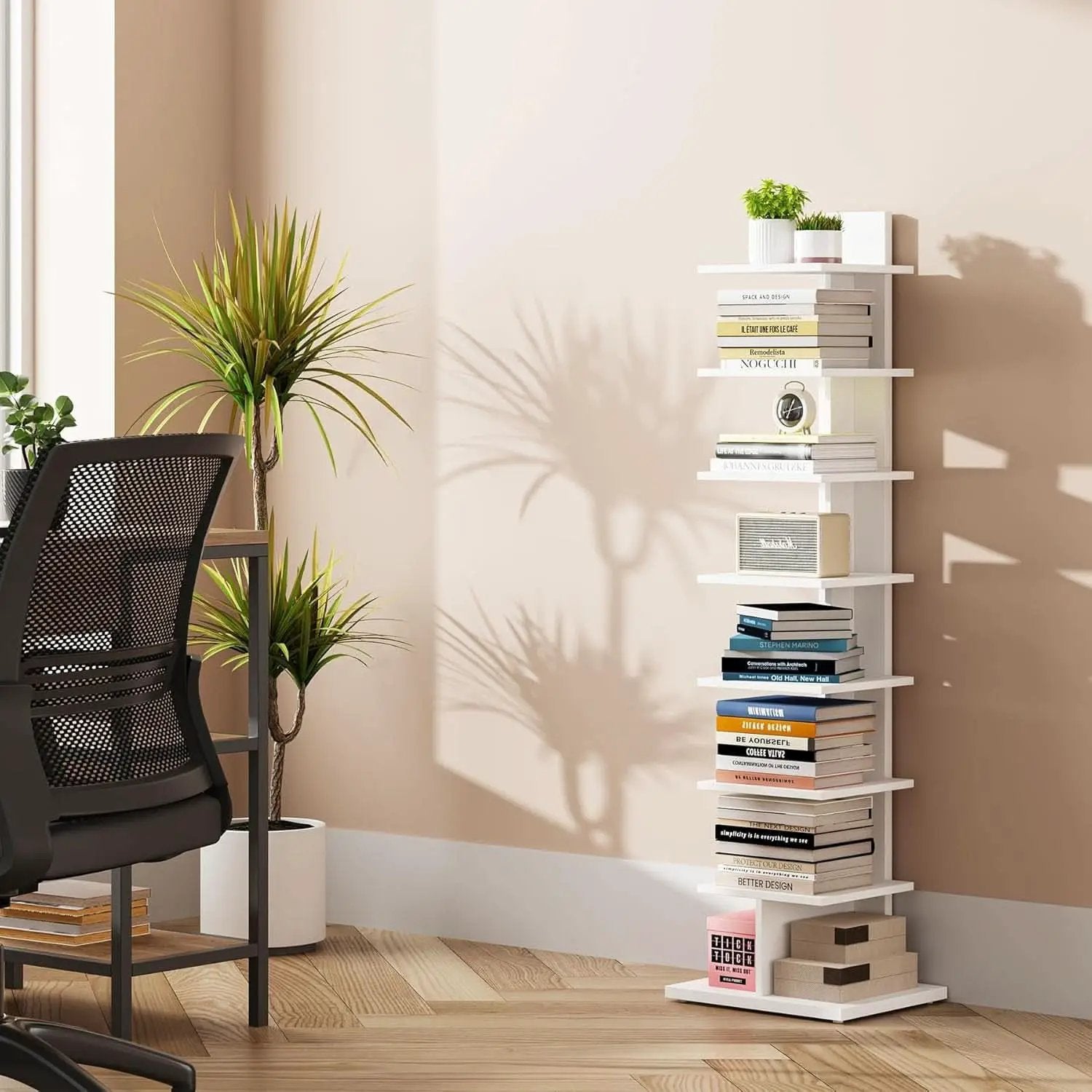 Vertical Bookshelf 8 Tier White Bookcase Living Room from PriceLows™