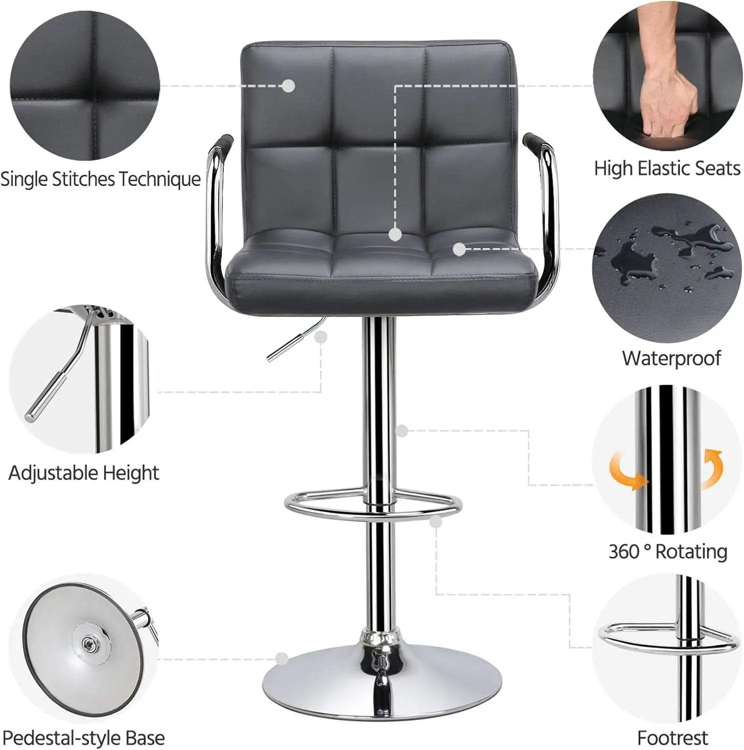 Grey Adjustable PU Leather Swivel Bar Stools Set Of 2 from PriceLows™