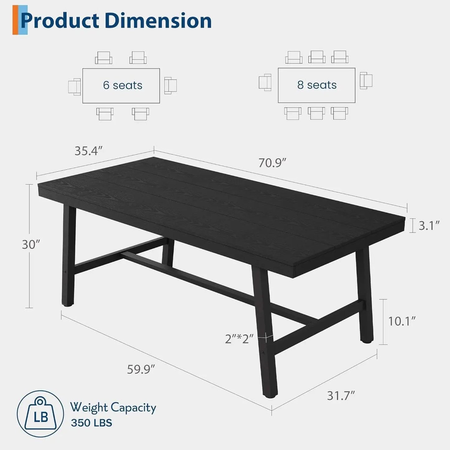 Industrial Wooden Dining Table 70 Inch Long Seats Six To Eight With Steel Frame from PriceLows™