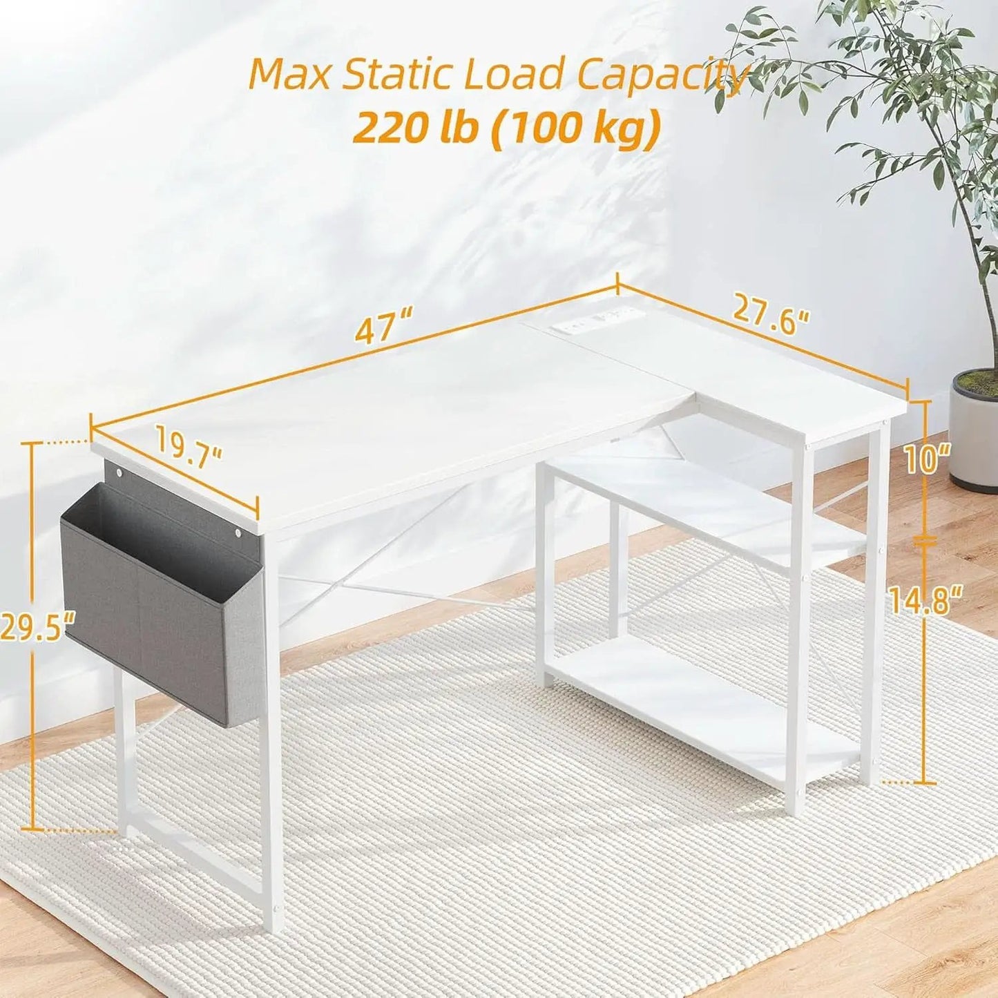L Shaped Corner Desk 47 Inch With Power Outlets White from PriceLows™