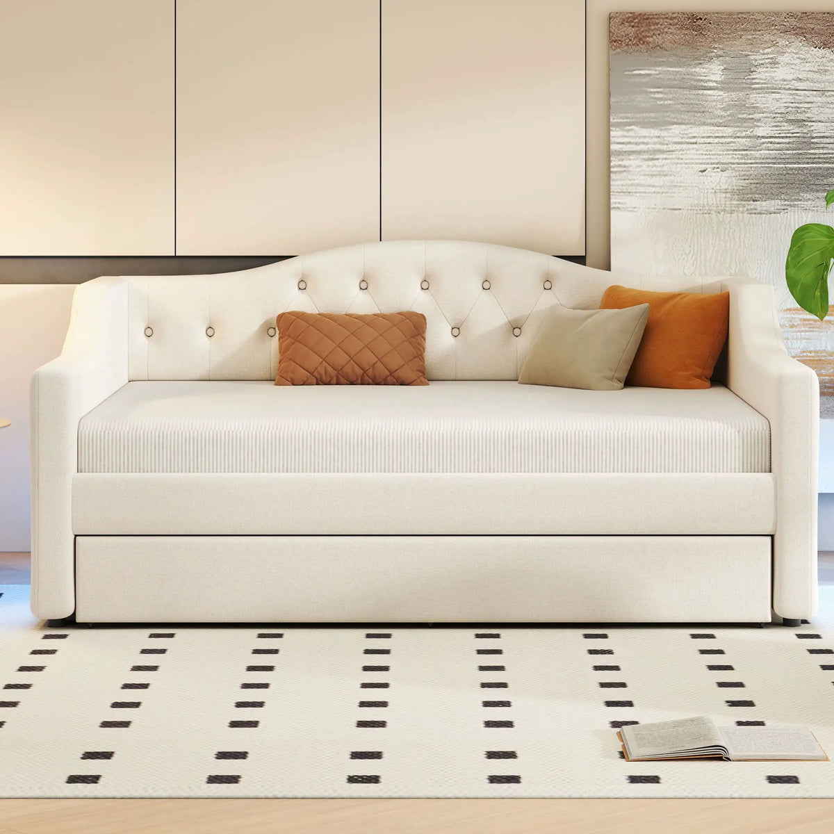 Daybed With LED Lights | Upholstered Trundle Daybed | Thickly Padded Sponge | 84 Inch Length