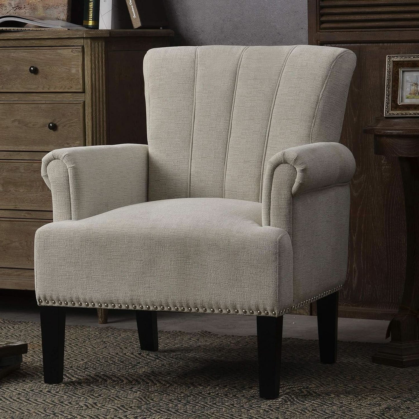 Cream Polyester Tufted Mid Century Upholstered Chair from PriceLows™