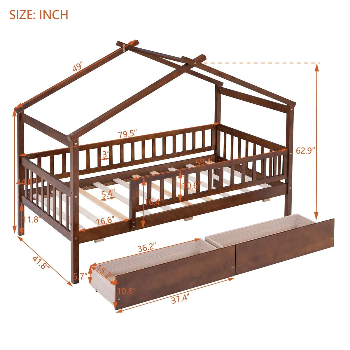 Kids House Bed With 2 Drawers | Sky Roof Design | Classic House Shape | 62.9 Inch Height