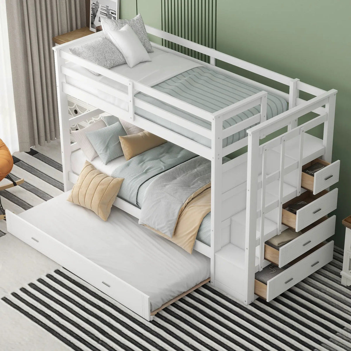 Twin Over Twin Bunk Bed | Trundle And Staircase | Multifunctional Storage Stairs | White