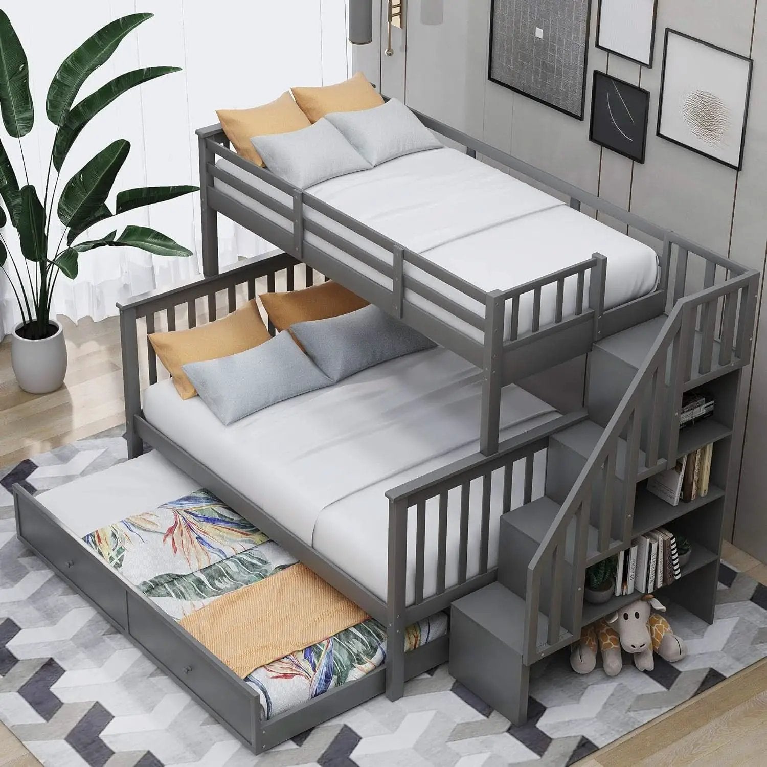 Twin Over Full Bunk Bed With Trundle Storage Shelves Grey from PriceLows™