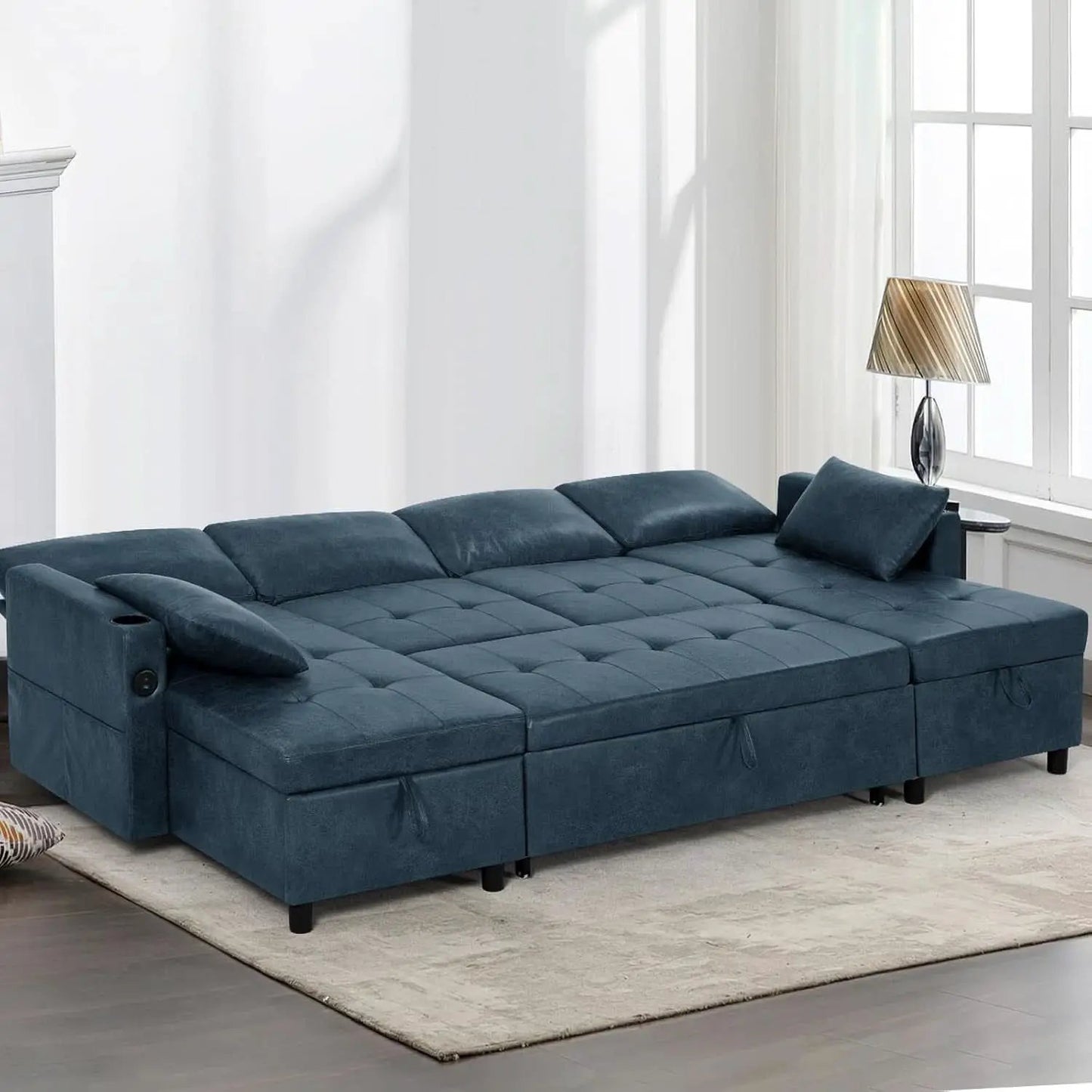 Blue Genuine Suede Leather 110Inch Sectional Sleeper from PriceLows™