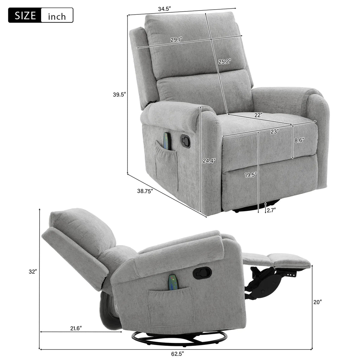 Manual Massage Recliner | Swivel Rocker | 8 Massage Modes | Side Storage Pocket