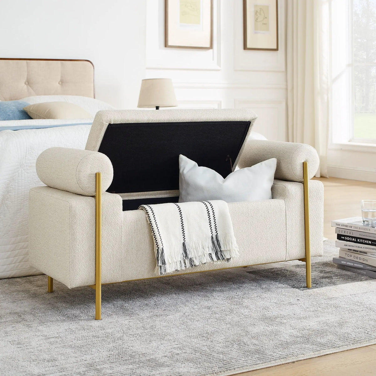 Upholstered Storage Bench | Cylindrical Arms | Iron Legs