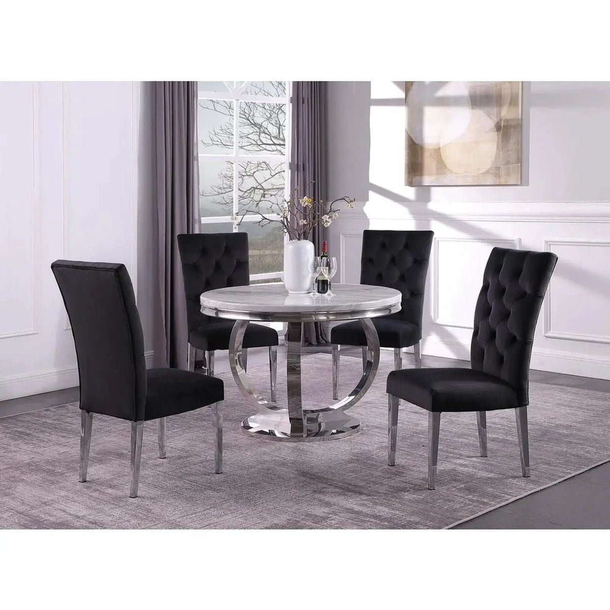 Tufted Dining Chair | Fabric Upholstery | Metal Base | Set Of Two