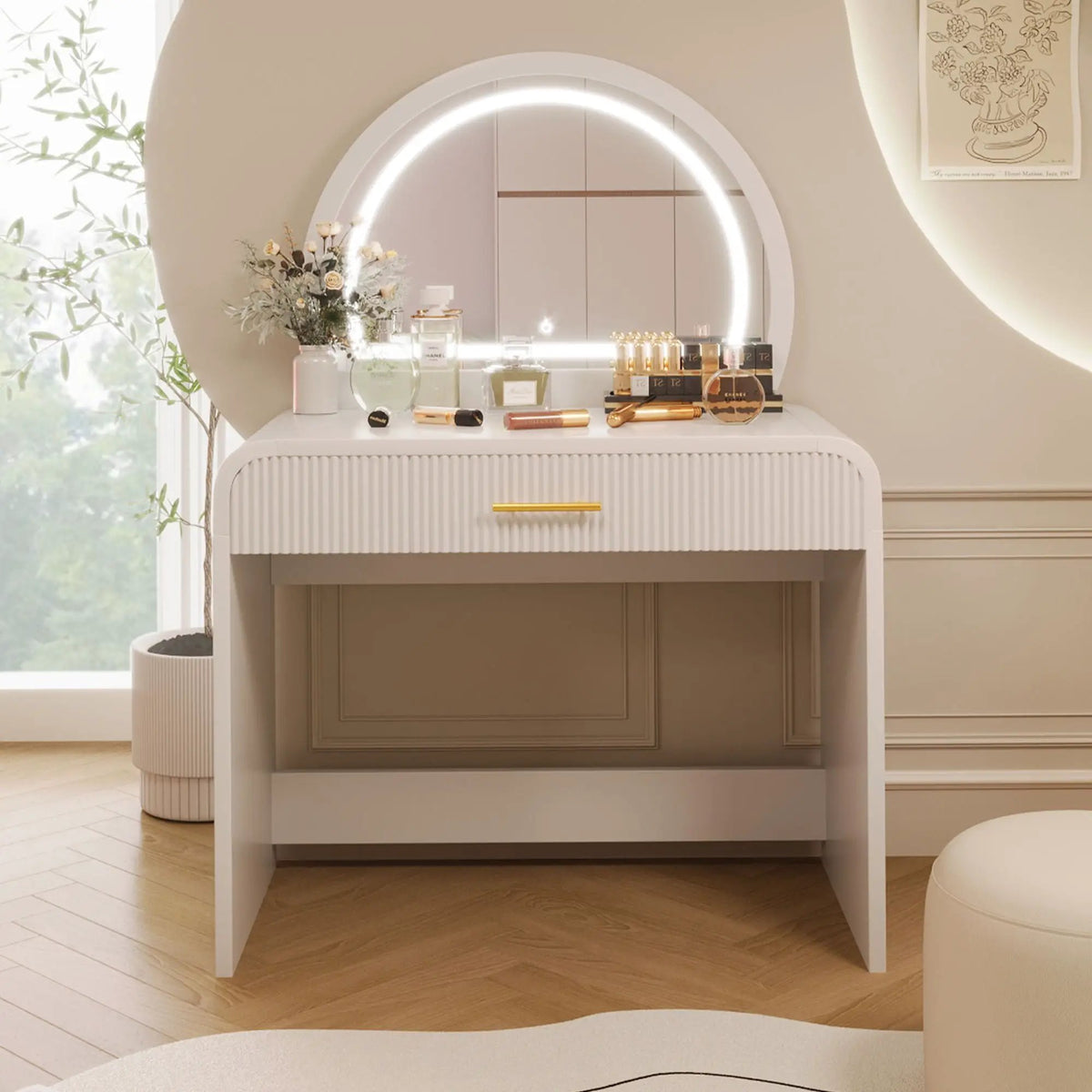 Makeup Vanity Table | Touch Screen Lighted Mirror | Storage Drawer | Curved Edges