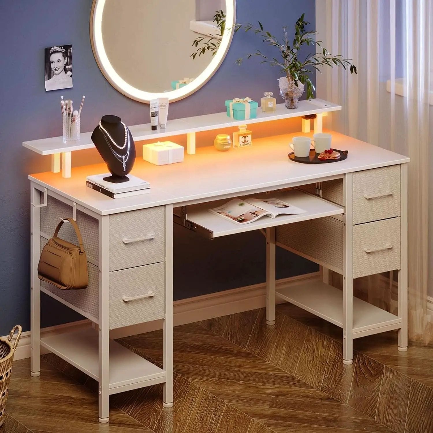 47.2 Inch White LED Desk With Power Outlets And Drawers from PriceLows™