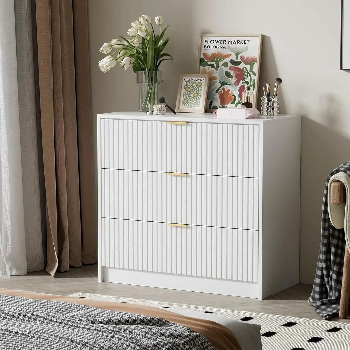 White Contemporary Dresser With Three Drawers And Fluted Panels from PriceLows™