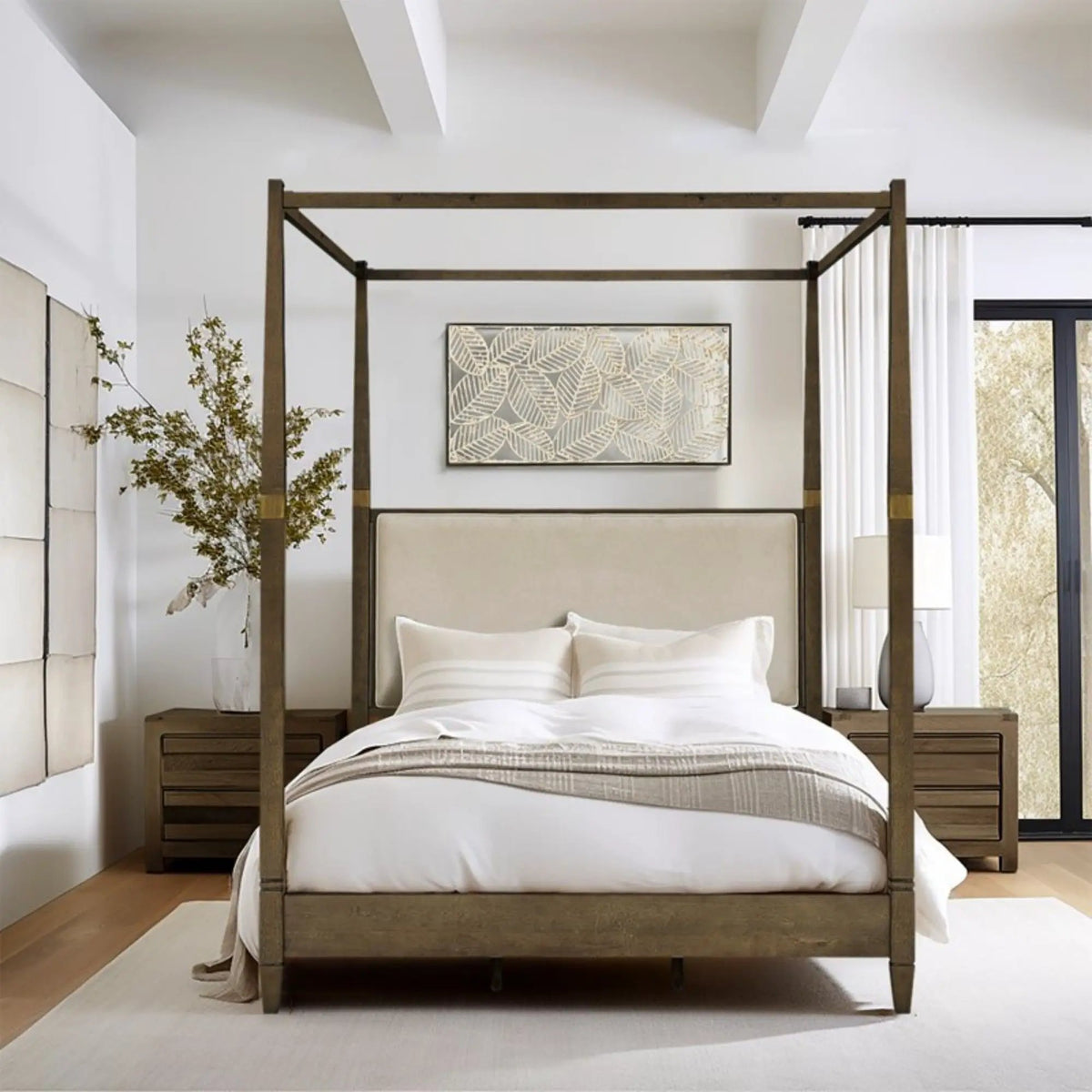 Queen Canopy Bed Frame | Upholstered Headboard | Brown Solid Wood | Gold Metal Cuffs