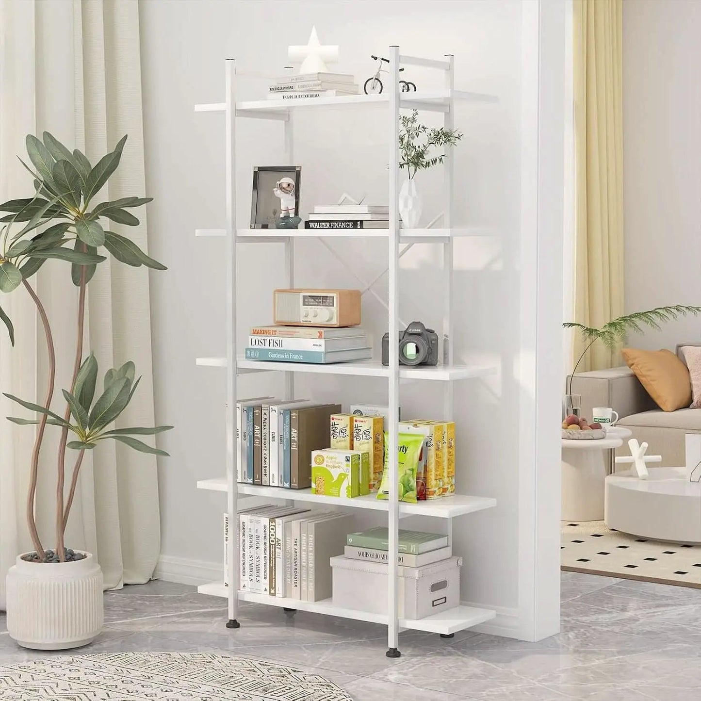 White 5 Tier Wooden Bookcase Tall Storage Organizer from PriceLows™