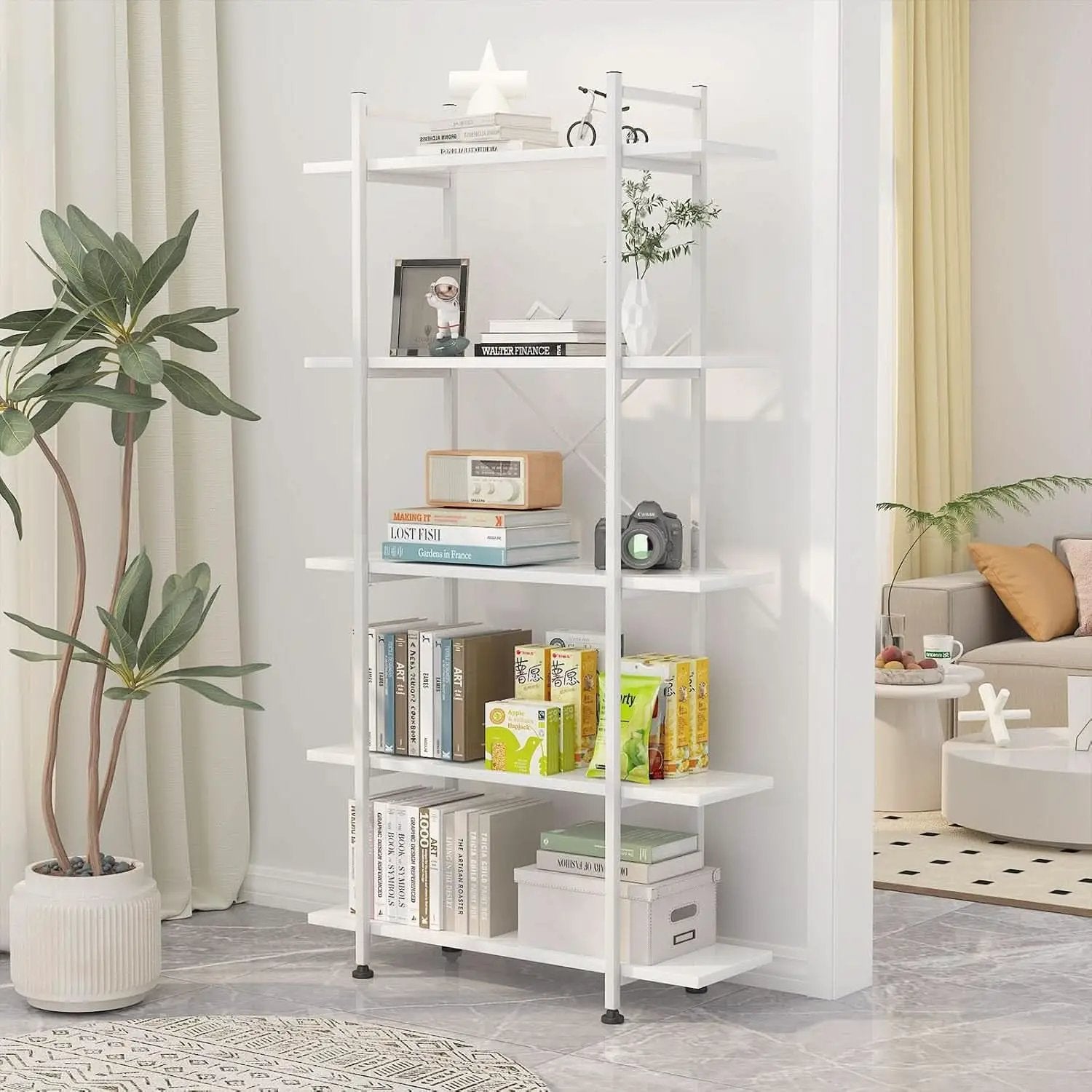 White 5 Tier Wooden Bookcase Tall Storage Organizer from PriceLows™