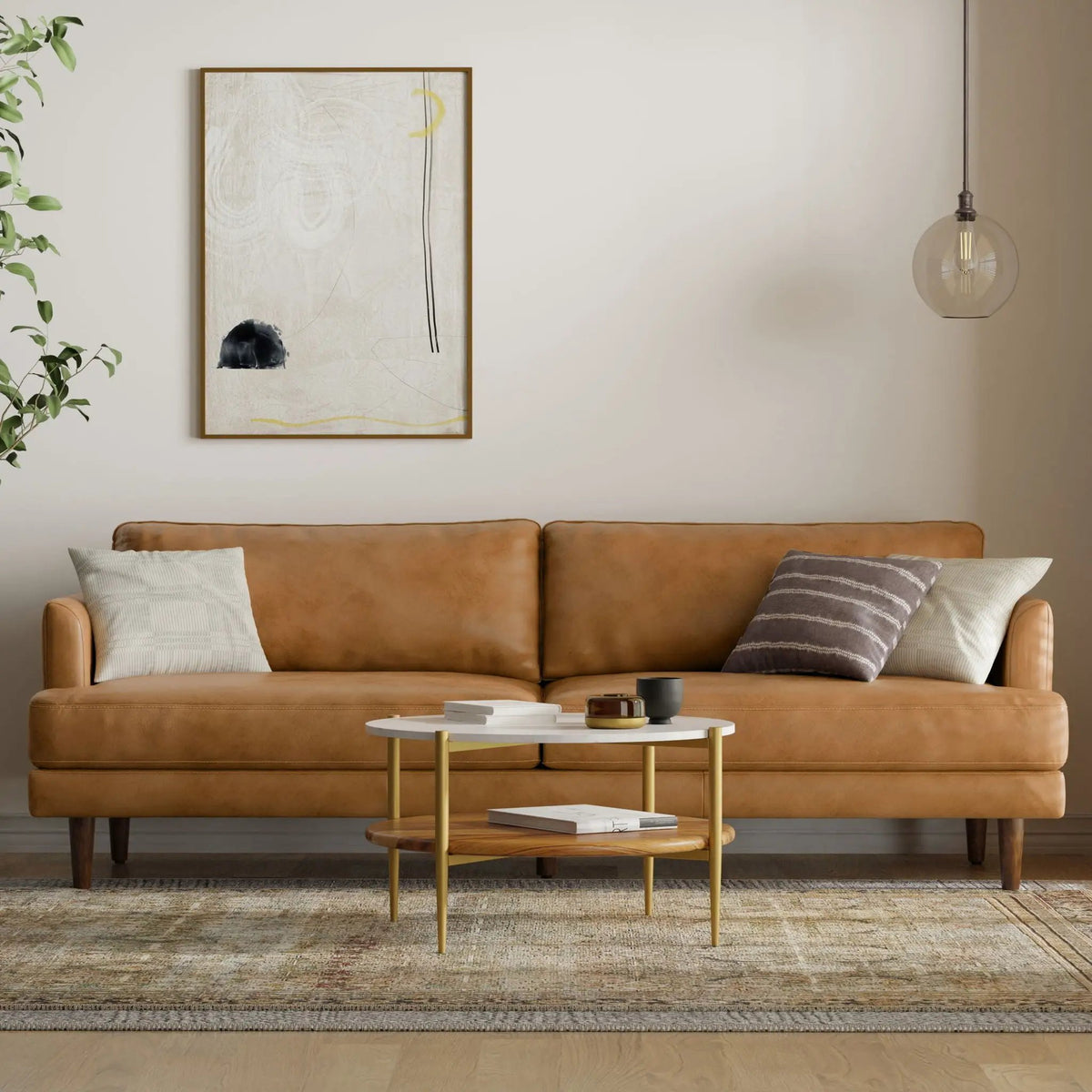 Livingston Upholstered Sofa | Genuine Aniline Leather | 7 Inch Thick Cushions | 76 Inch Length