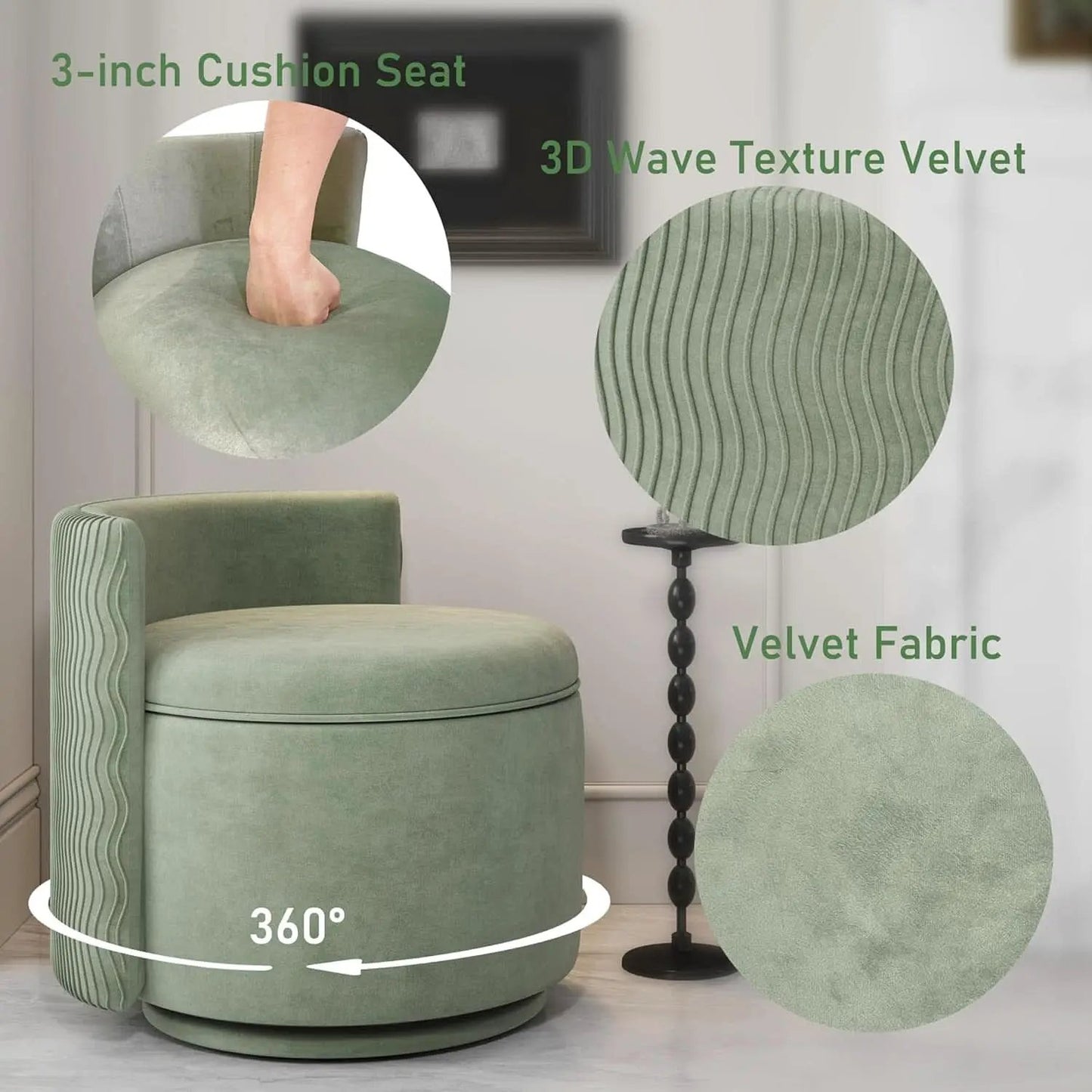 Emerald Velvet Vanity Ottoman With 360DegreeSwivel from PriceLows™