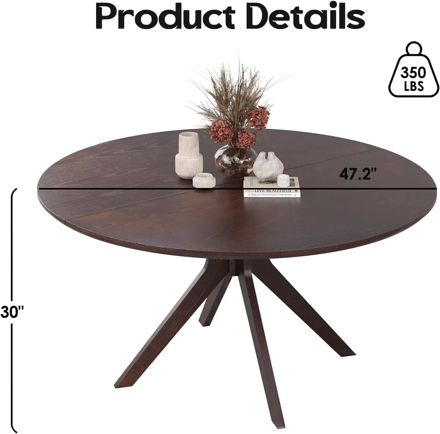 Walnut 47.2-Inch Round Dining Table With X Pedestal Solid Wood from PriceLows™
