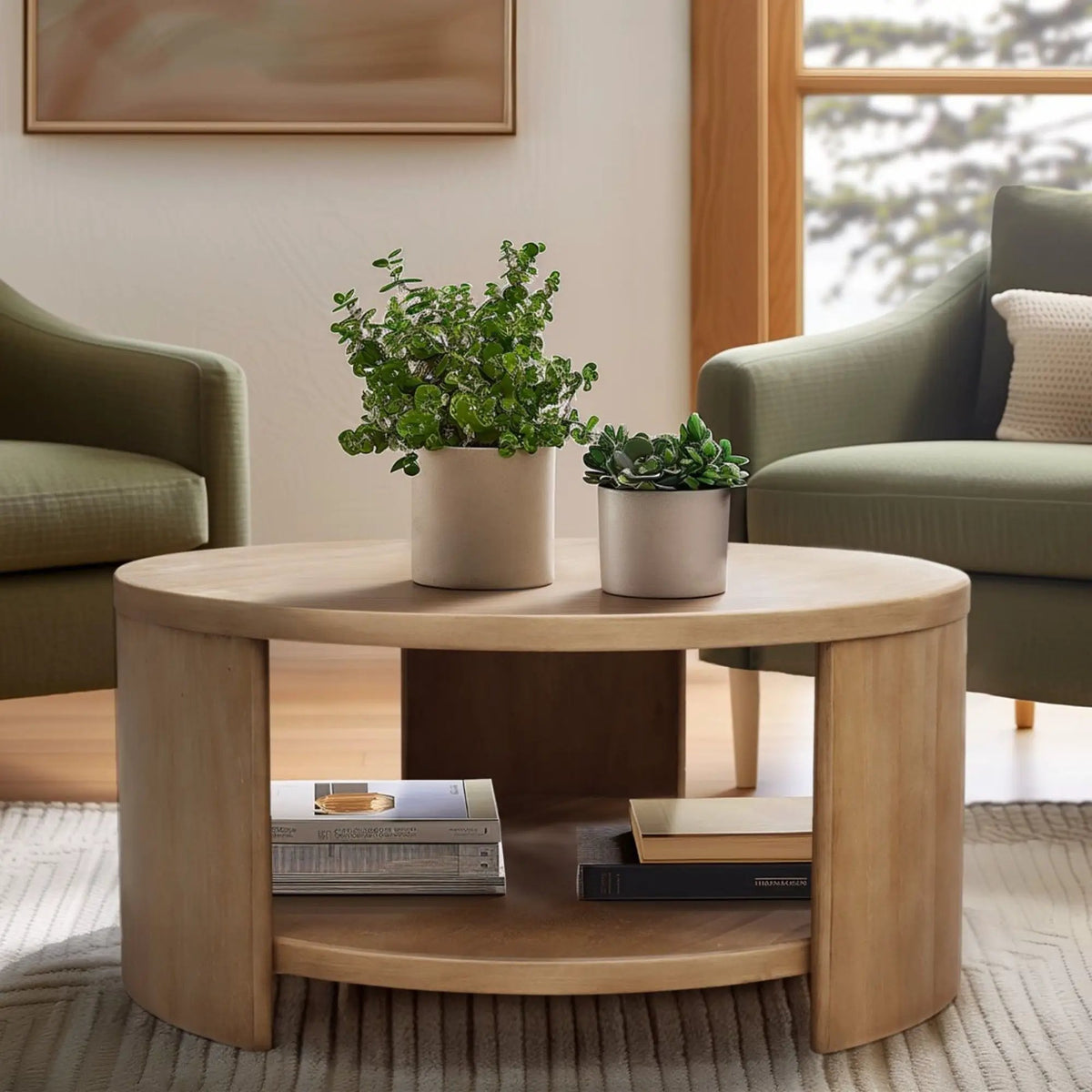 Minimalist Round Coffee Table | Natural Finish | Fixed Shelf Storage | 36 Inch Diameter