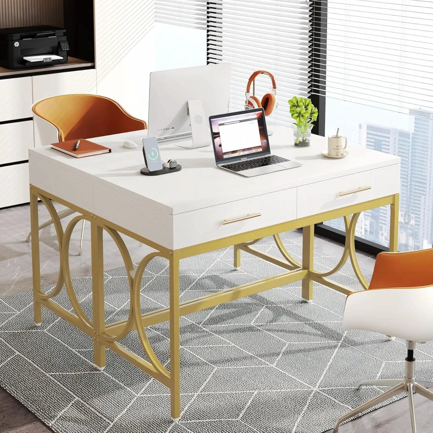 41 Inch White And Gold Computer Desk With 2 Drawers from PriceLows™