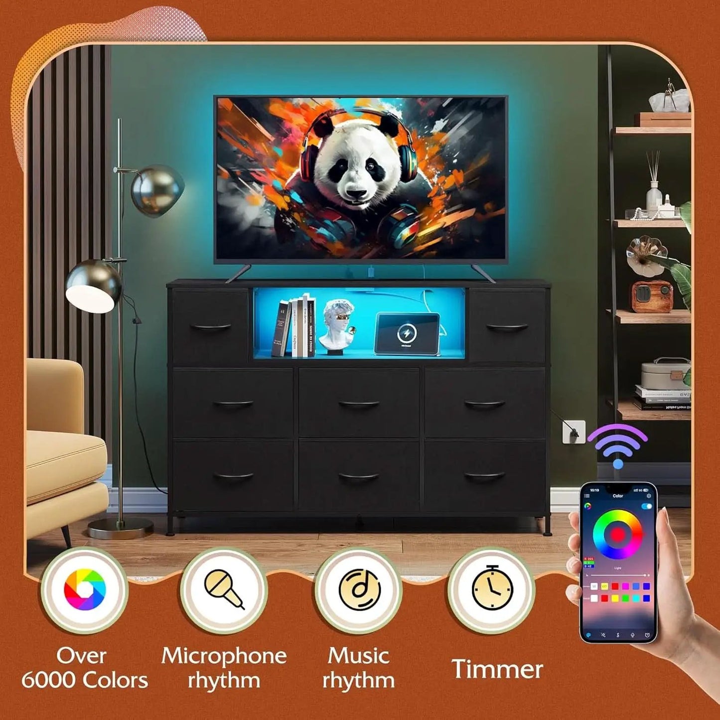 Black Fabric Dresser With Charging Station And LED Lights from PriceLows™