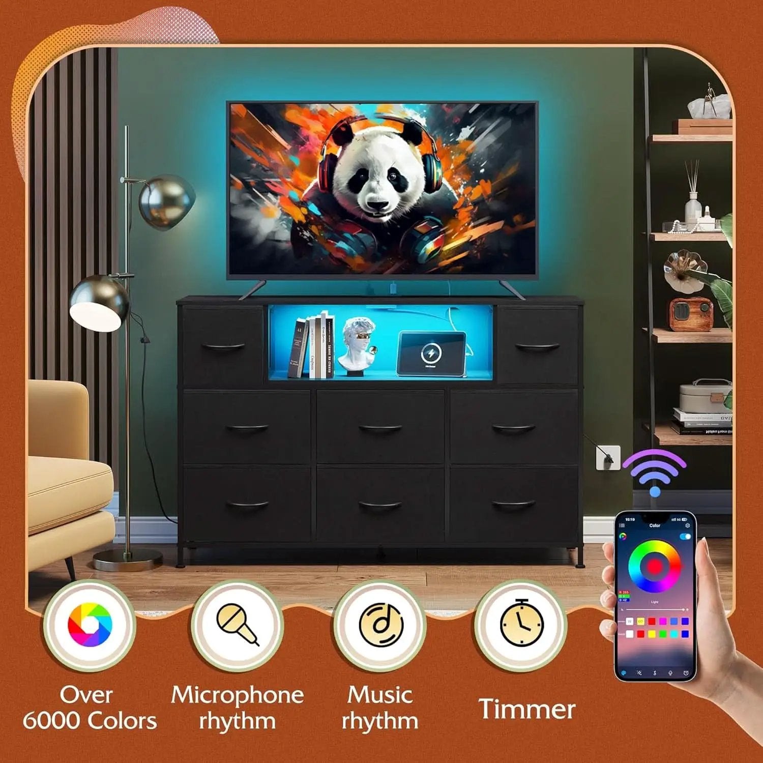 Black Fabric Dresser With Charging Station And LED Lights from PriceLows™