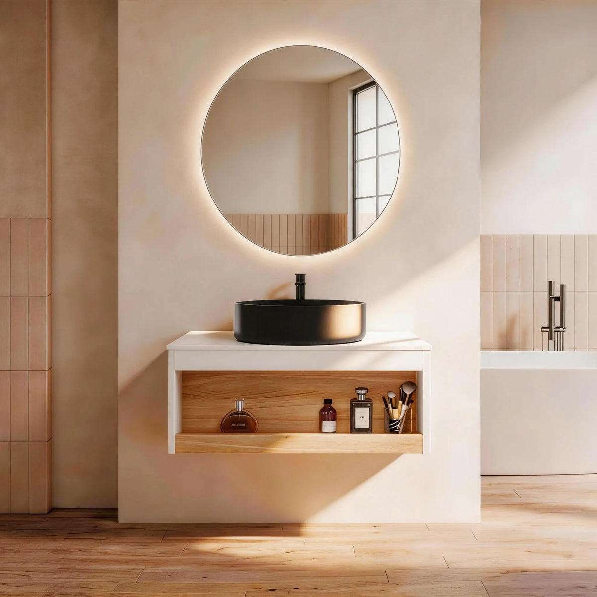 Floating Bathroom Vanity | Round Glossy Sink | Wall Mounted | Compact Design