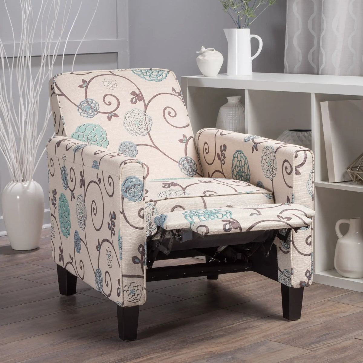 Push Back Upholstered Recliner Armchair | Extendable Footrest | Beech Wood Legs | 3 Reclining Positions