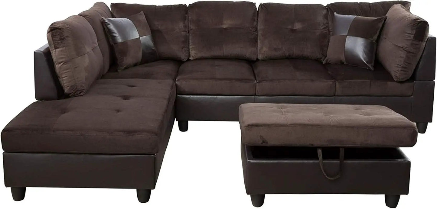 3-Piece Contemporary Sectional Sofa With Chaise And Storage Ottoman Chocolate from PriceLows™