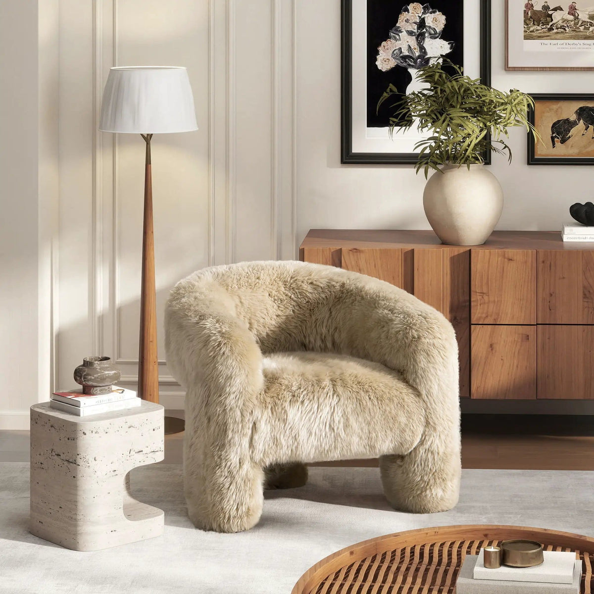 Avalon Genuine Sheepskin Fur Split Barrel Back Accent Chair | 30.5 x 35 x 30.5 in | Living Room Furniture | Natural Blonde