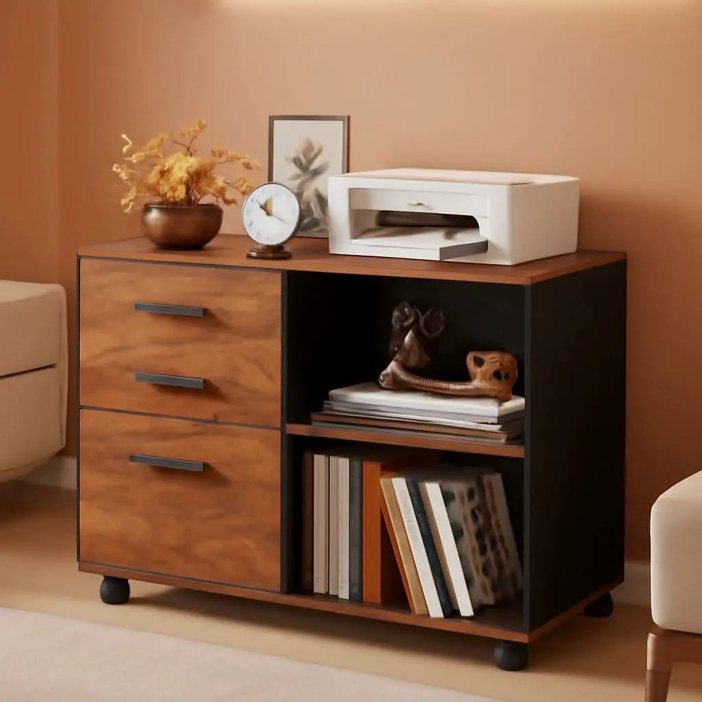 Rustic Brown 3 Drawer Mobile File Cabinet With Open Shelves Printer Stand For Home Office from PriceLows™