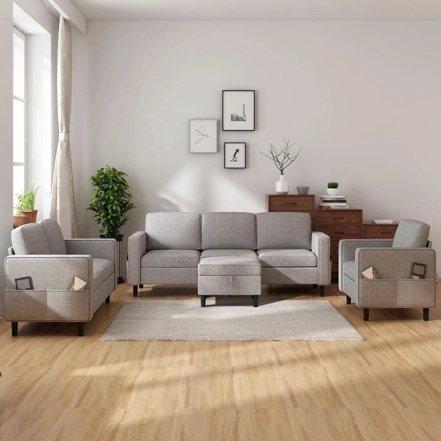 6 Seater Linen Fabric Sectional Sofa With Movable Storage Ottoman Light Grey from PriceLows™