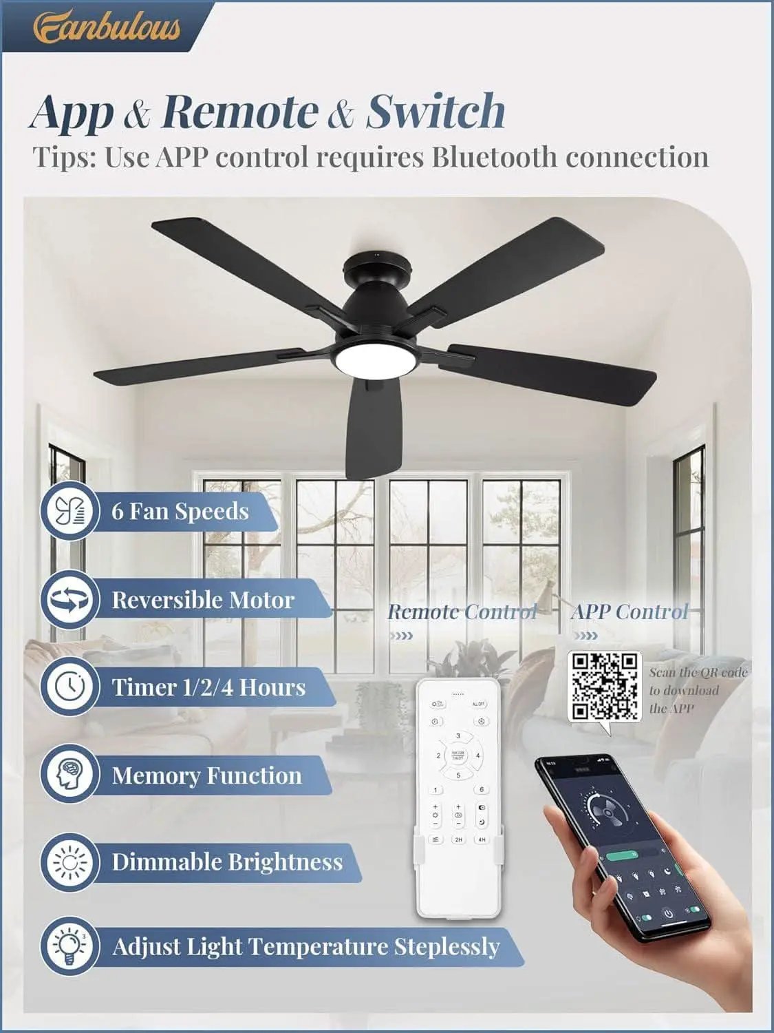 52 Inch Ceiling Fan With Lights Remote App Control from PriceLows™