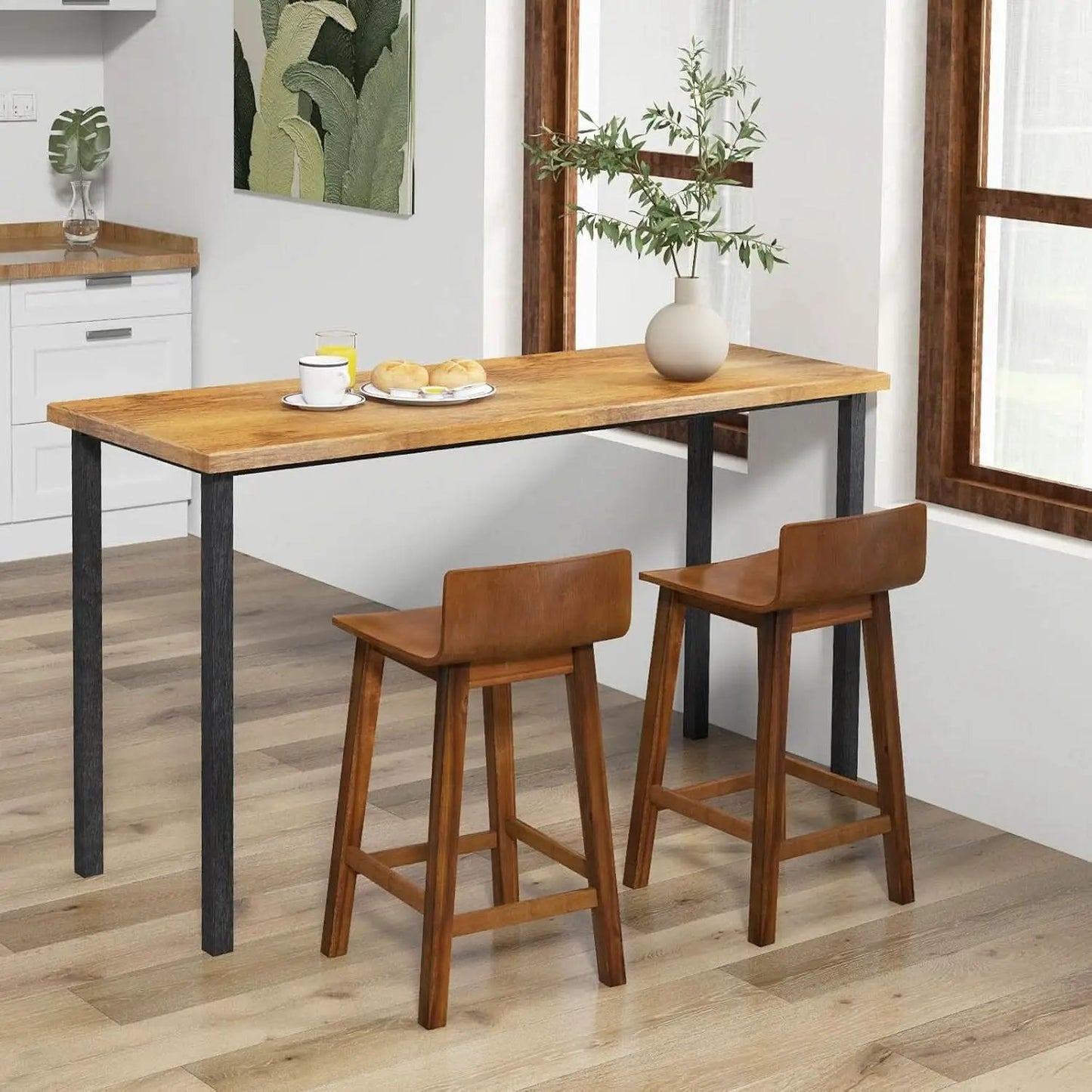 24.5 Inch Counter Height Farmhouse Wooden Bar Stool Set Of 2 With Brown Footrest And Low Back from PriceLows™