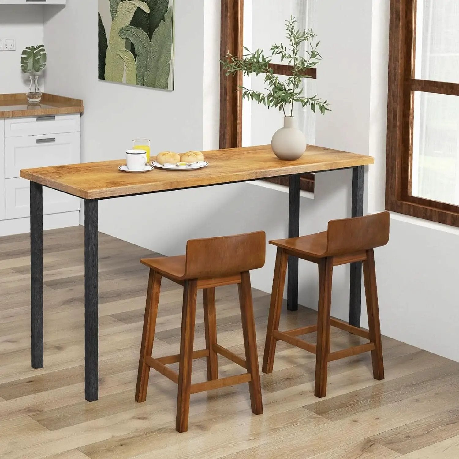 24.5 Inch Counter Height Farmhouse Wooden Bar Stool Set Of 2 With Brown Footrest And Low Back from PriceLows™