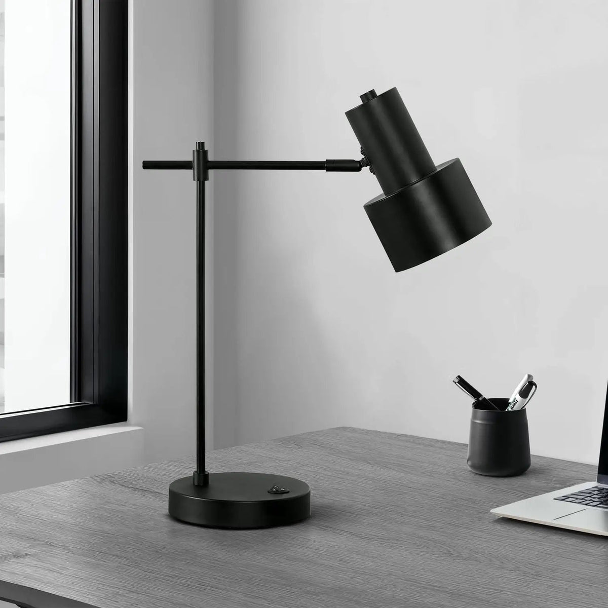 Black Table Lamp With USB Port | Black Metal Base | Fixed Arm | Adjustable Shade