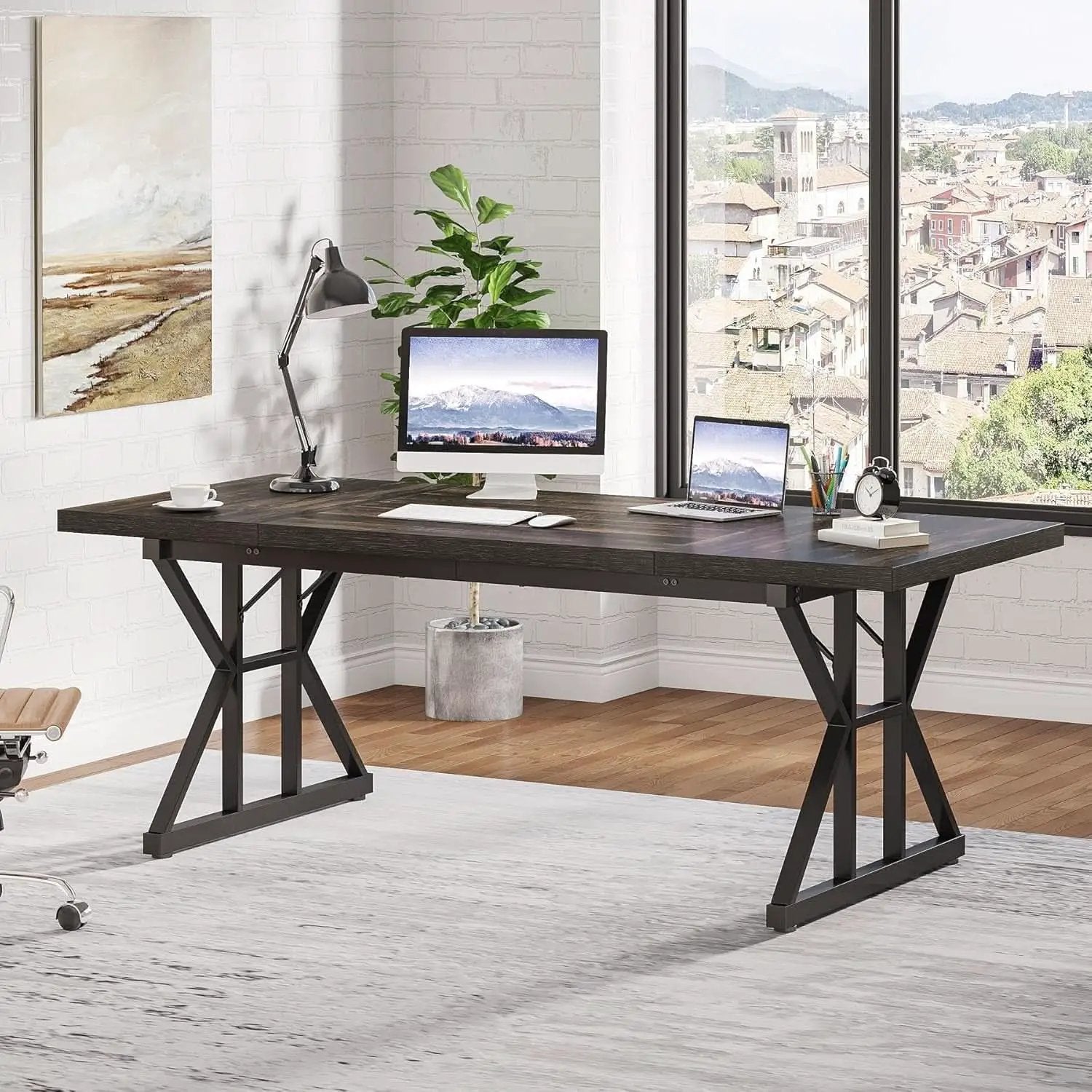 70.8 Inch Executive Desk Black Oak Office Desk Home Office from PriceLows™