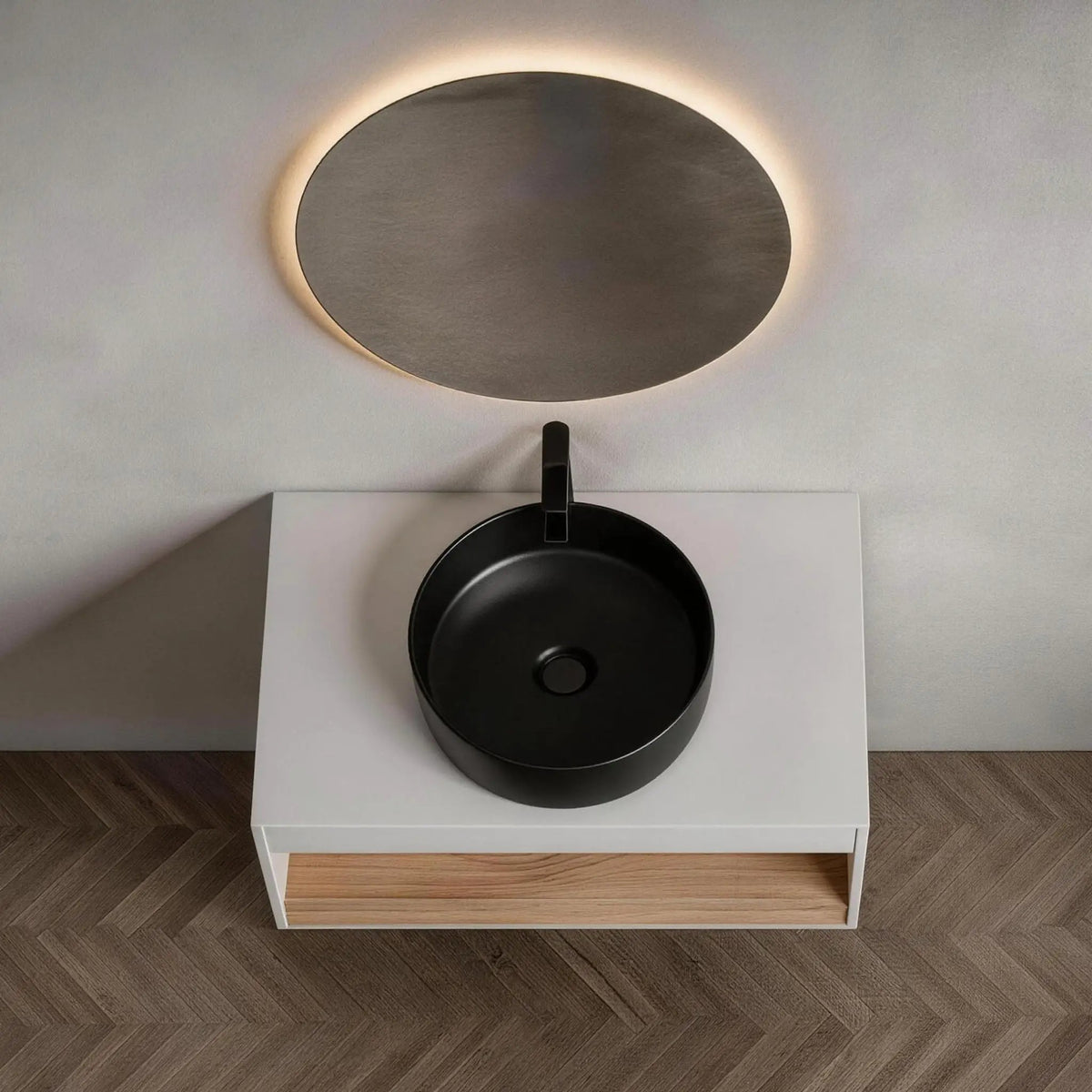 Floating Bathroom Vanity | Round Glossy Sink | Wall Mounted | Compact Design