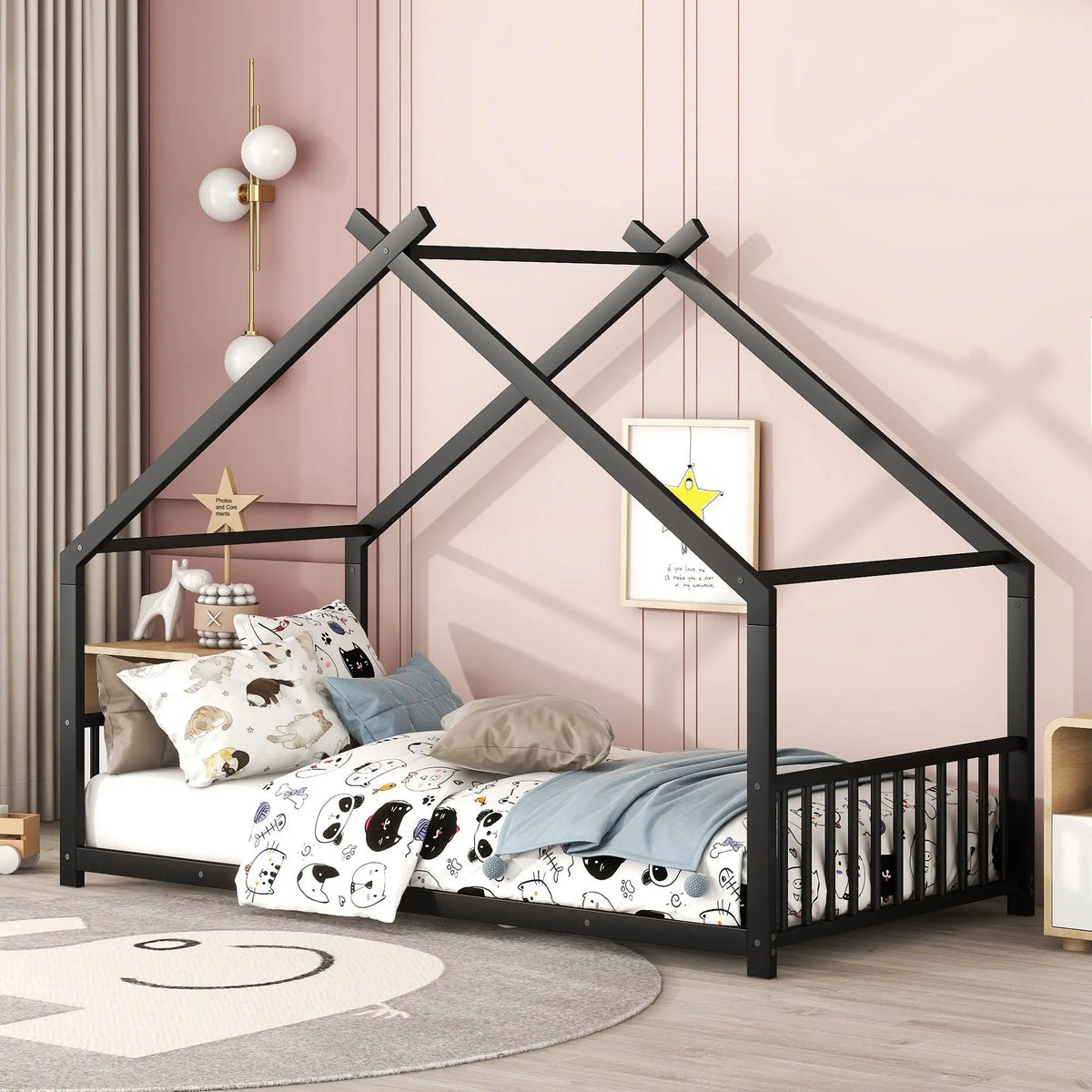 Metal House Bed | Roof Design | Semi-Enclosed Play Space | Contemporary Neutral Finish