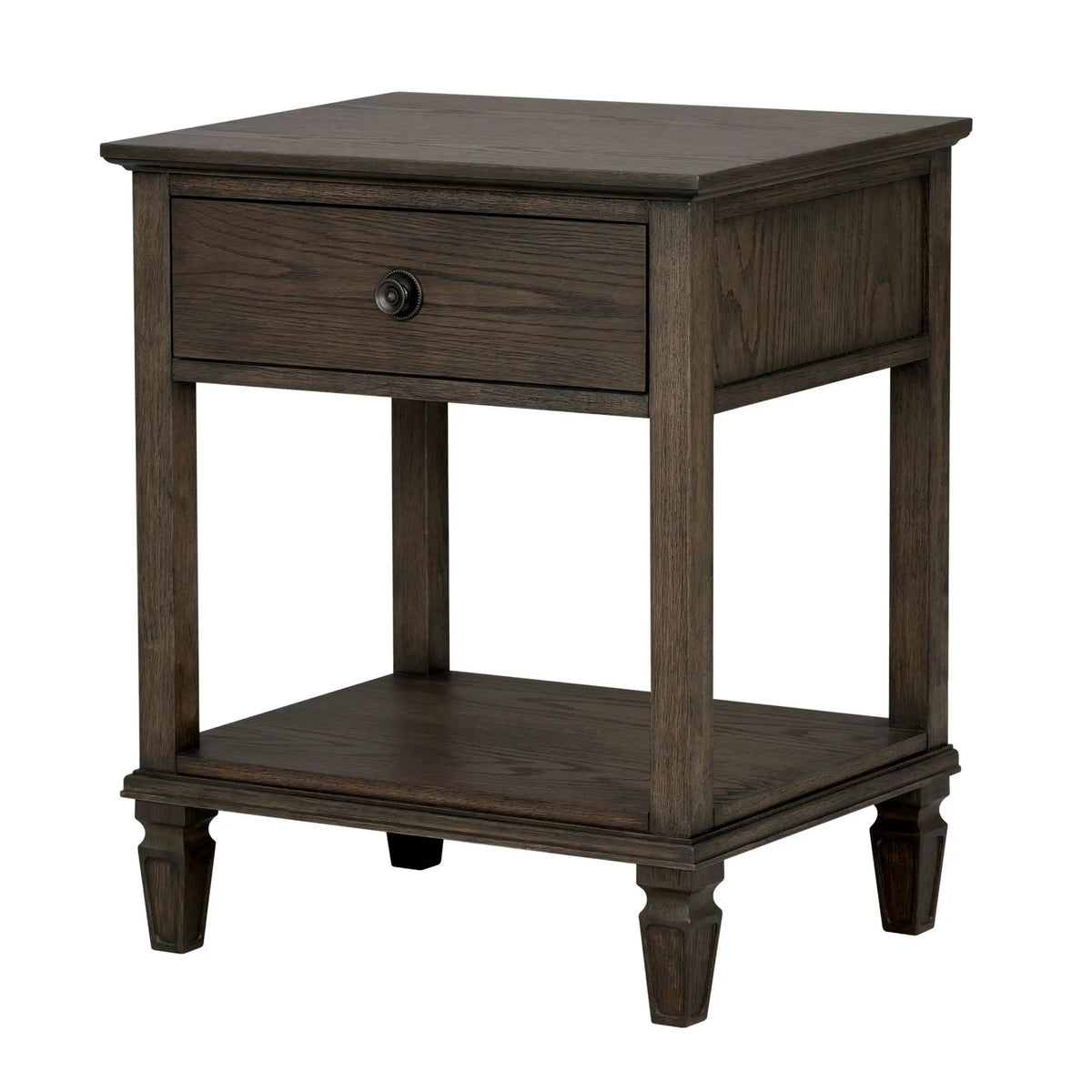 Victoria Bedside Table | Aged Brown Oak Finish | Drawer And Open Shelf | Wire Brush Detail