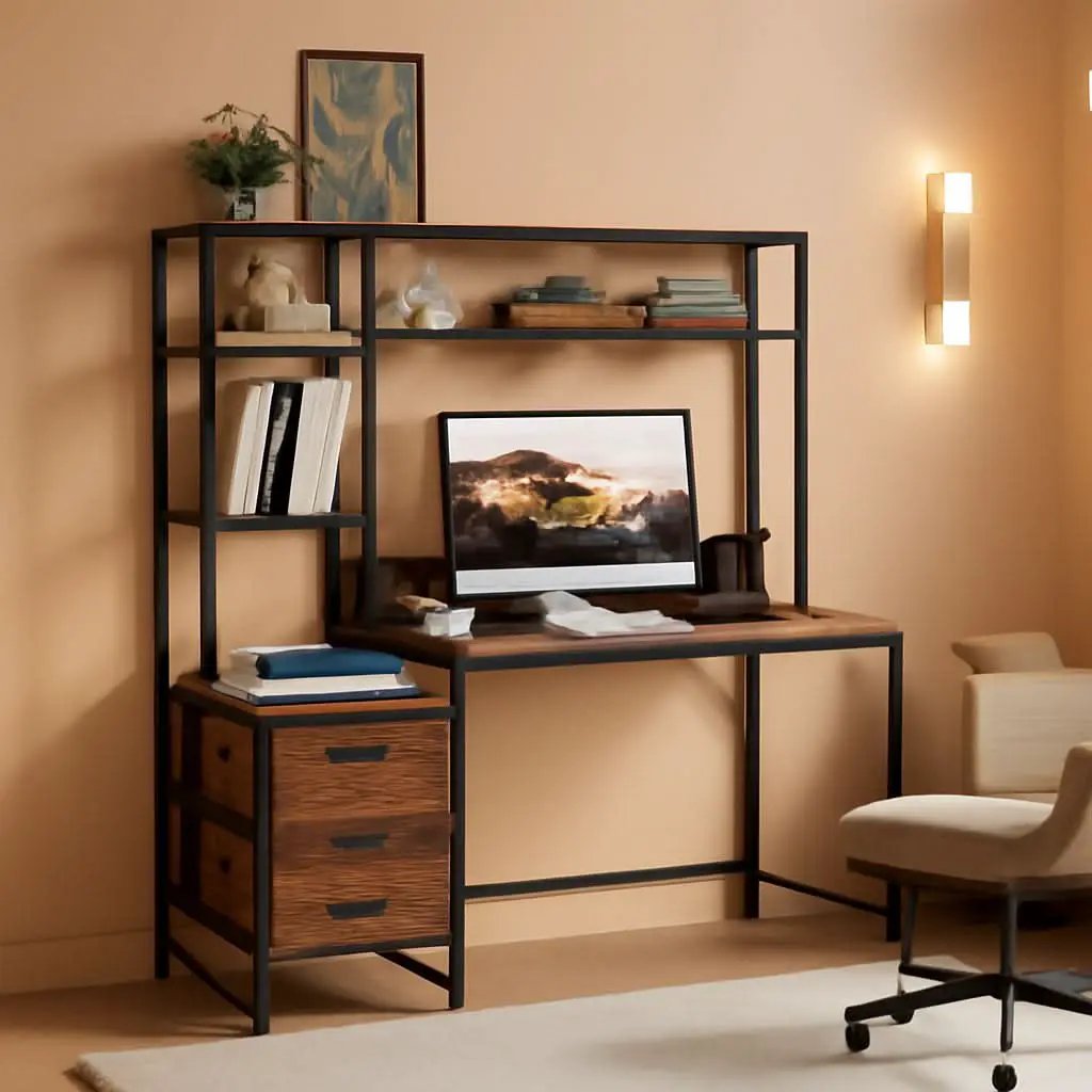 55 Inch Rustic Brown Computer Desk With Drawers And Shelves from PriceLows™