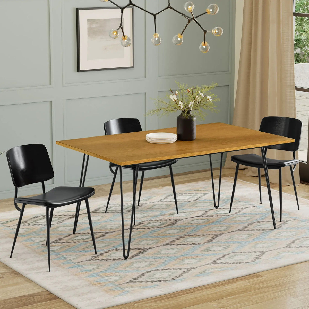 Hunter Dining Table | 66 Inch Width | Solid Mango Wood Top | Hairpin-Style Iron Base