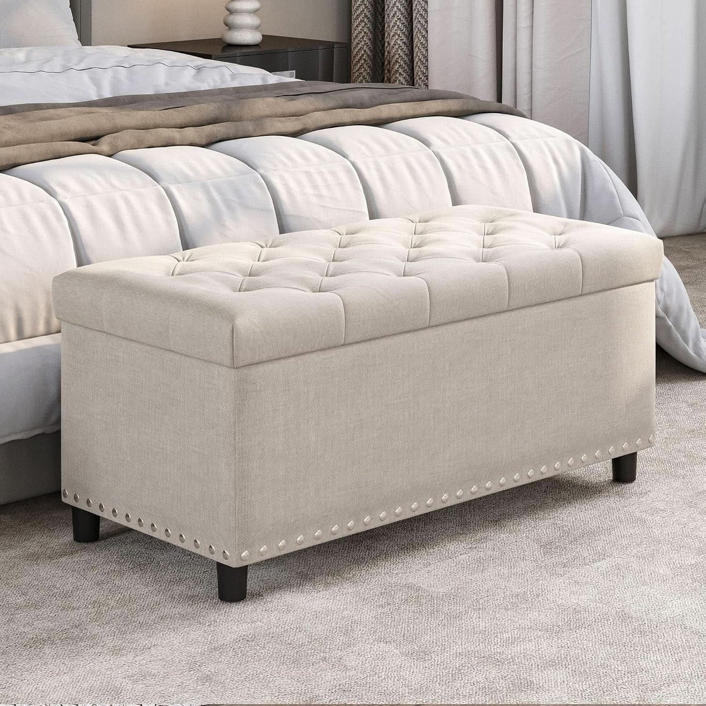 Rectangular Thirty Five Inch Beige Tufted Storage Ottoman Upholstered from PriceLows™