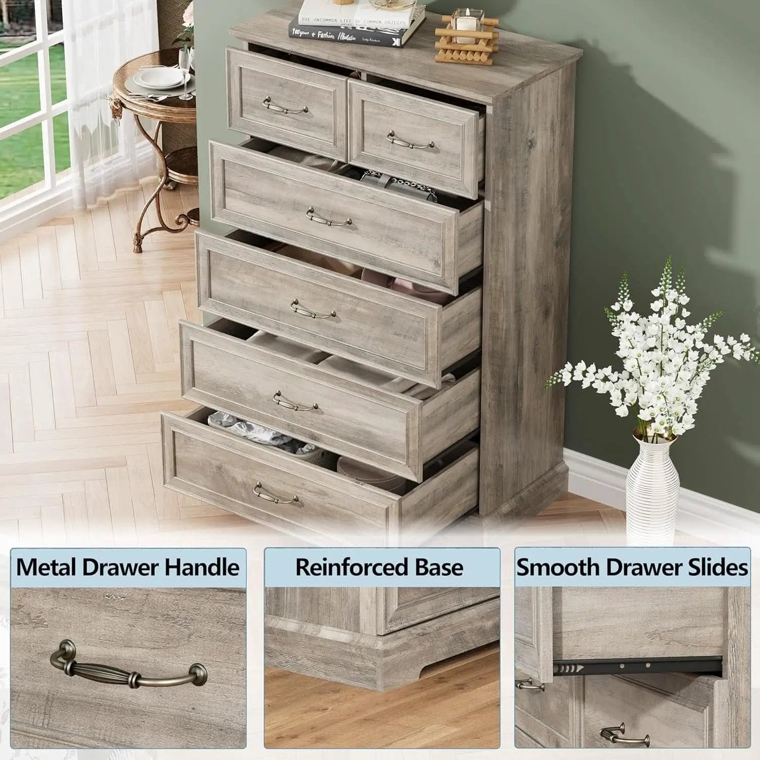 Greywash SolidWood FortyNineInch ExtraTall Six Drawer Dresser from PriceLows™