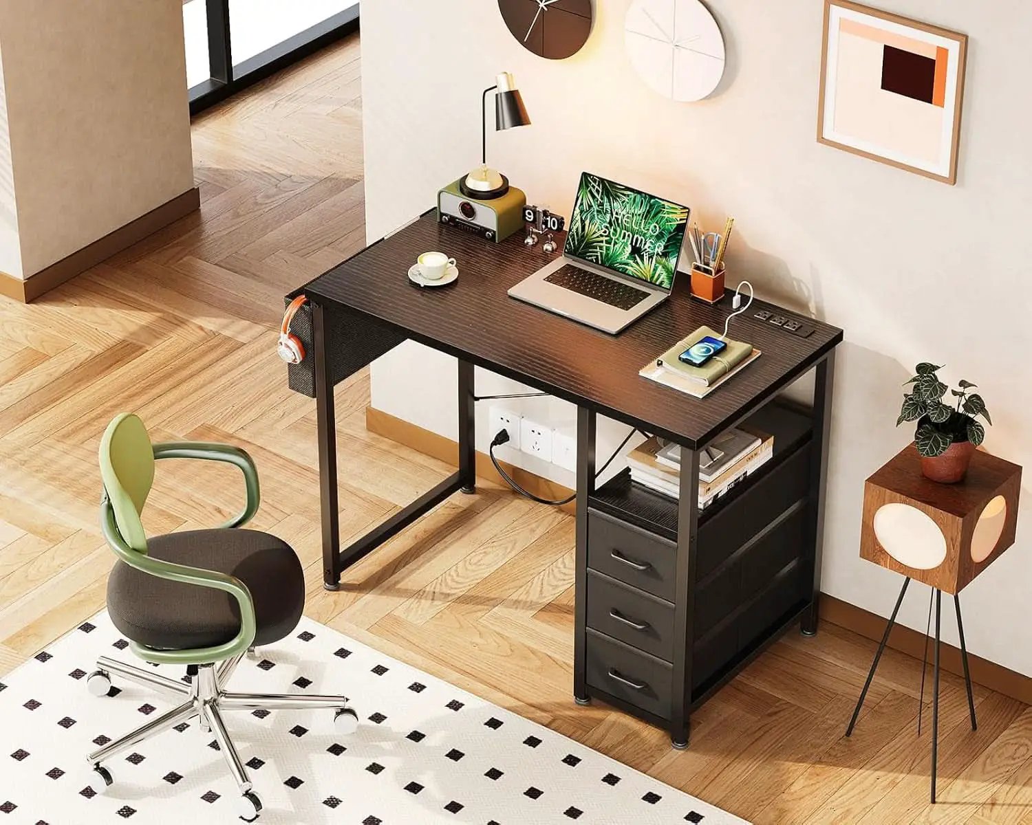 32-Inch Computer Desk With Fabric Drawers And Charging Station Black from PriceLows™