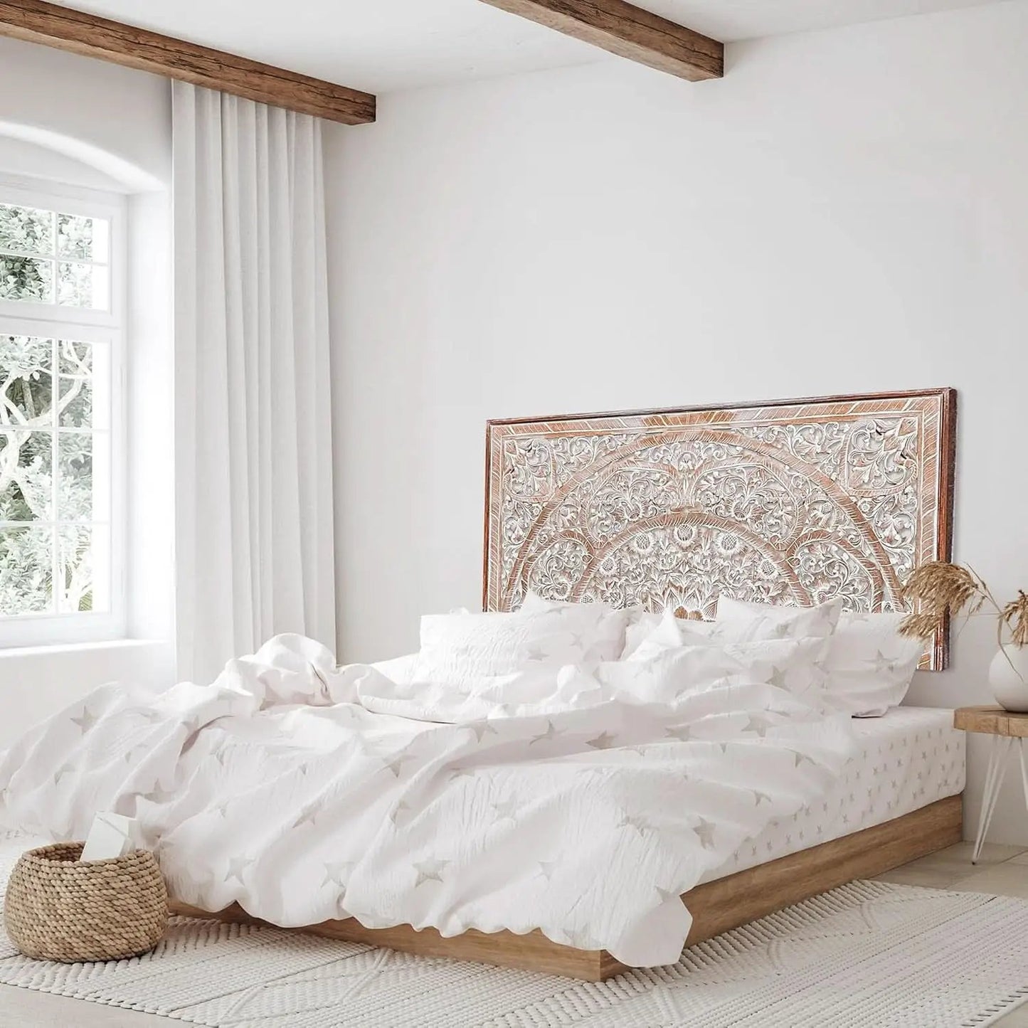 Handcrafted White-Wash Wooden Queen Headboard with Carved Design from PriceLows™